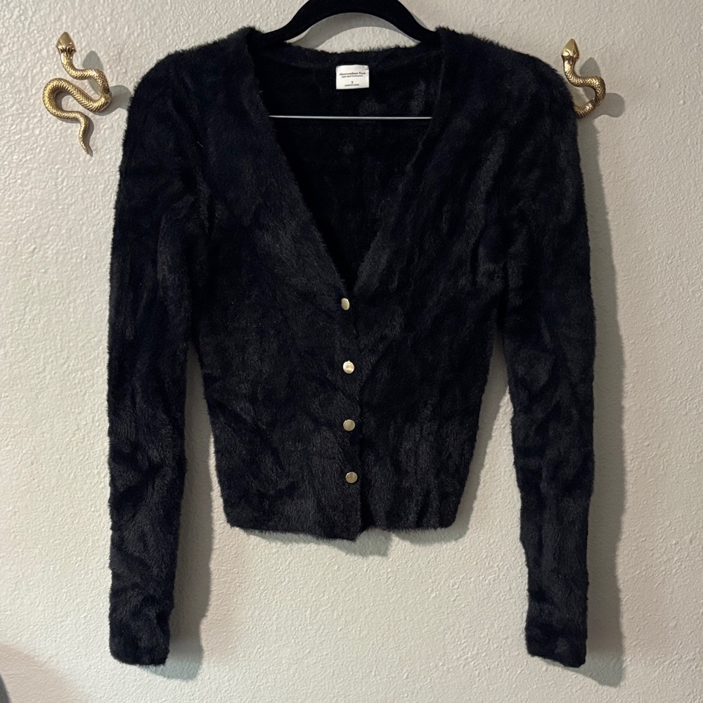 Abercrombie & Fitch Black Fuzzy Knit Cardigan with Label